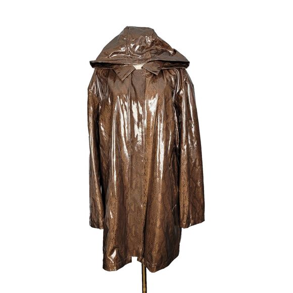 Nikki Jones Rain Jacket Size Large Brown Snakeskin Print Raincoat Shiny Hooded - Picture 7 of 16